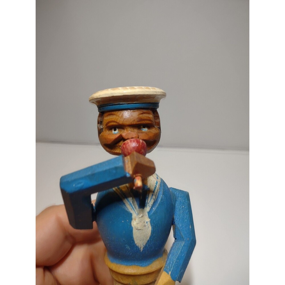 ANRI Vintage Sailor Drinks Bottle Stopper Wood Carved Puppet Barware Mechanical